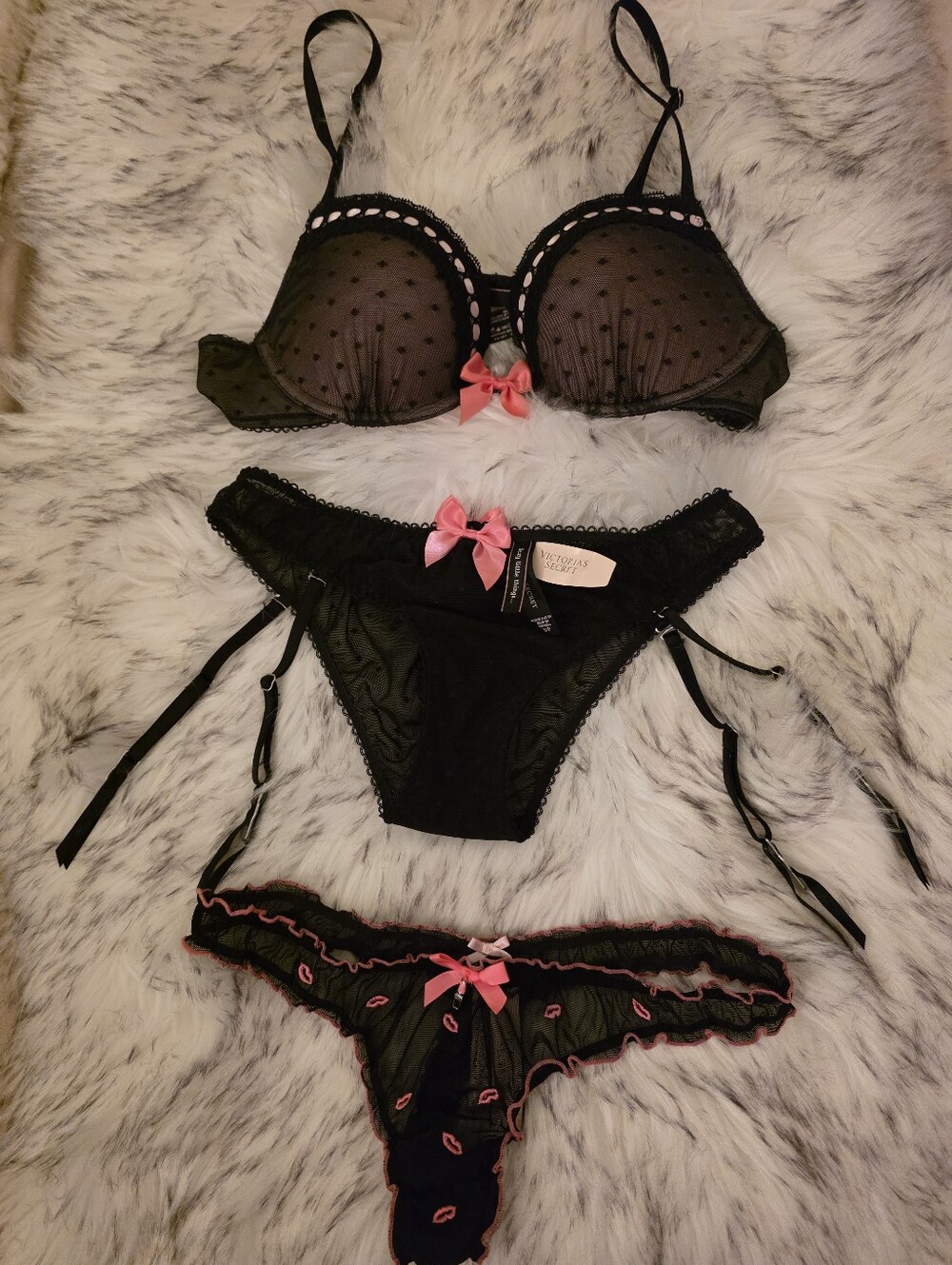 Victoria's Secret Sexy Little Things 3 Piece Garter Bra Panty Set Black 34B S NW